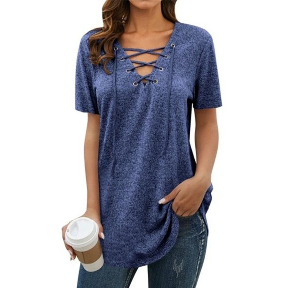 Arttop Blue V Neck Lace up Loose Top Sz XXL